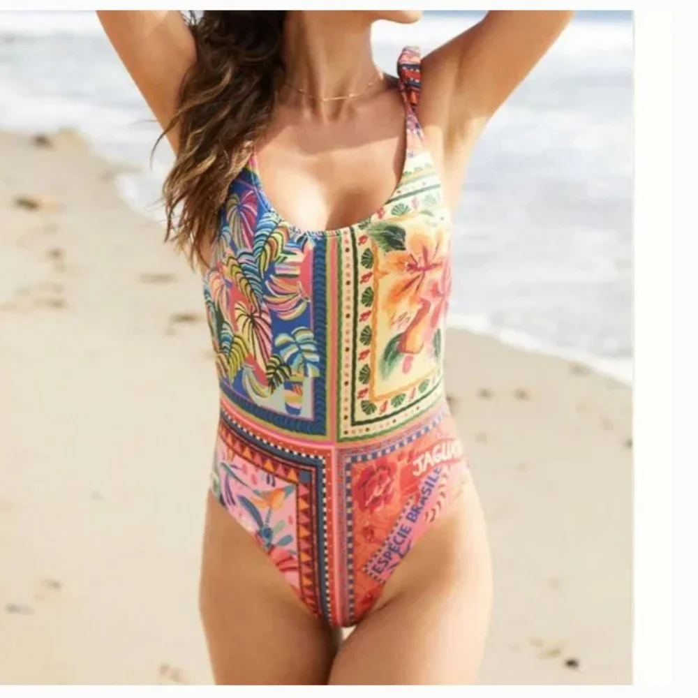 ⭐️ Farm Rio Lita One-Piece Boho Beach Farm Art Peasant Hipster Floral Swimsuit - Picture 4 of 12